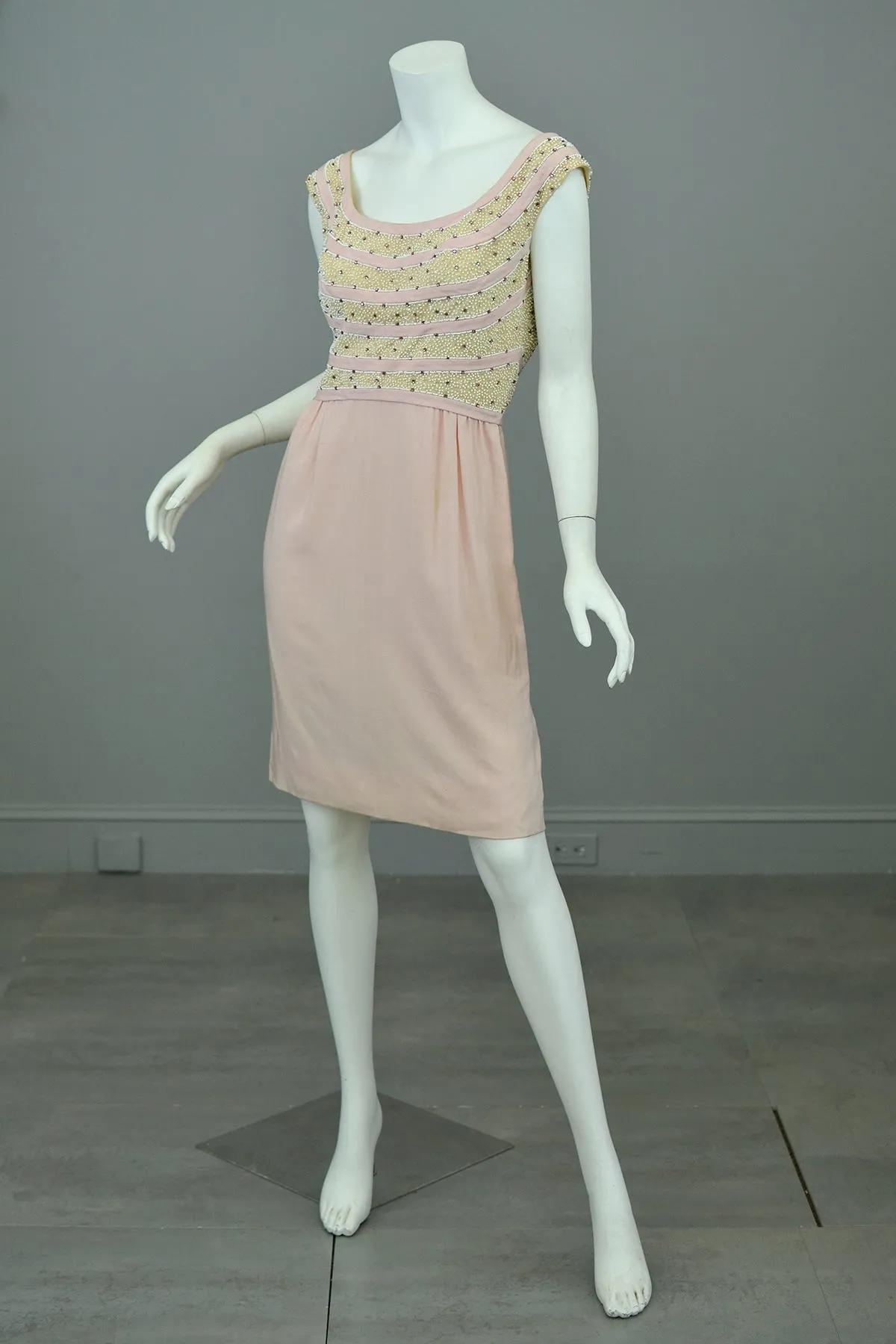 1960s Pale Pink Beaded Short Cocktail Dress