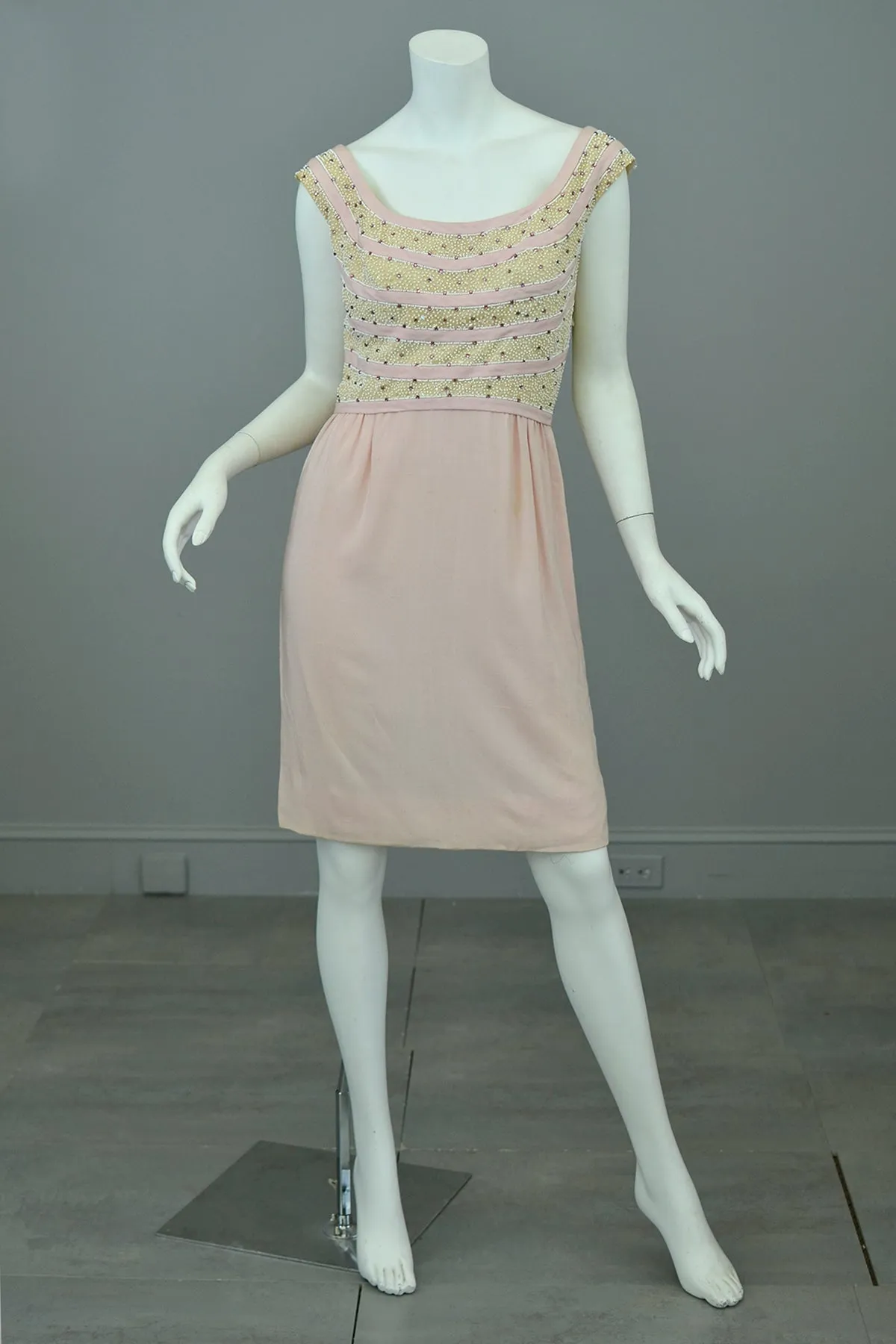 1960s Pale Pink Beaded Short Cocktail Dress