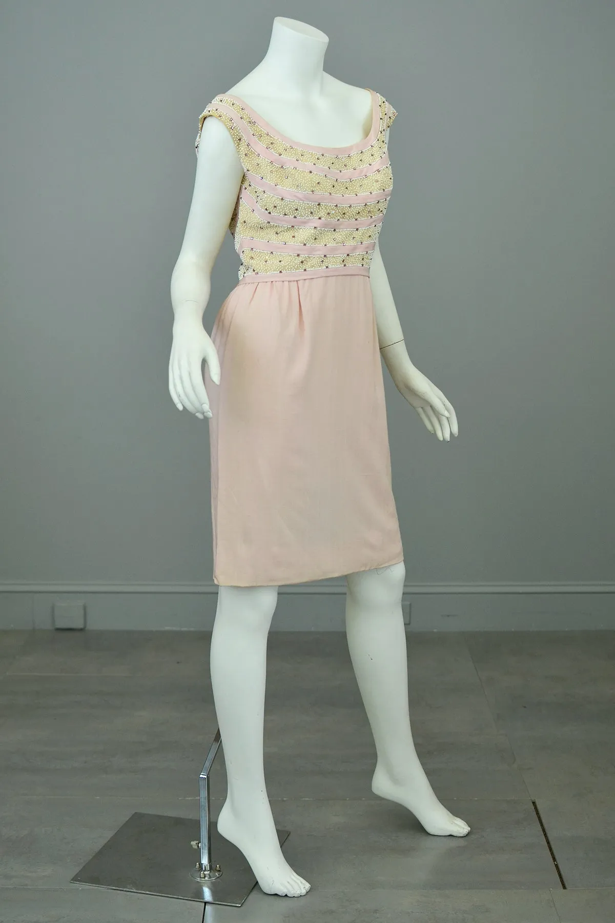 1960s Pale Pink Beaded Short Cocktail Dress