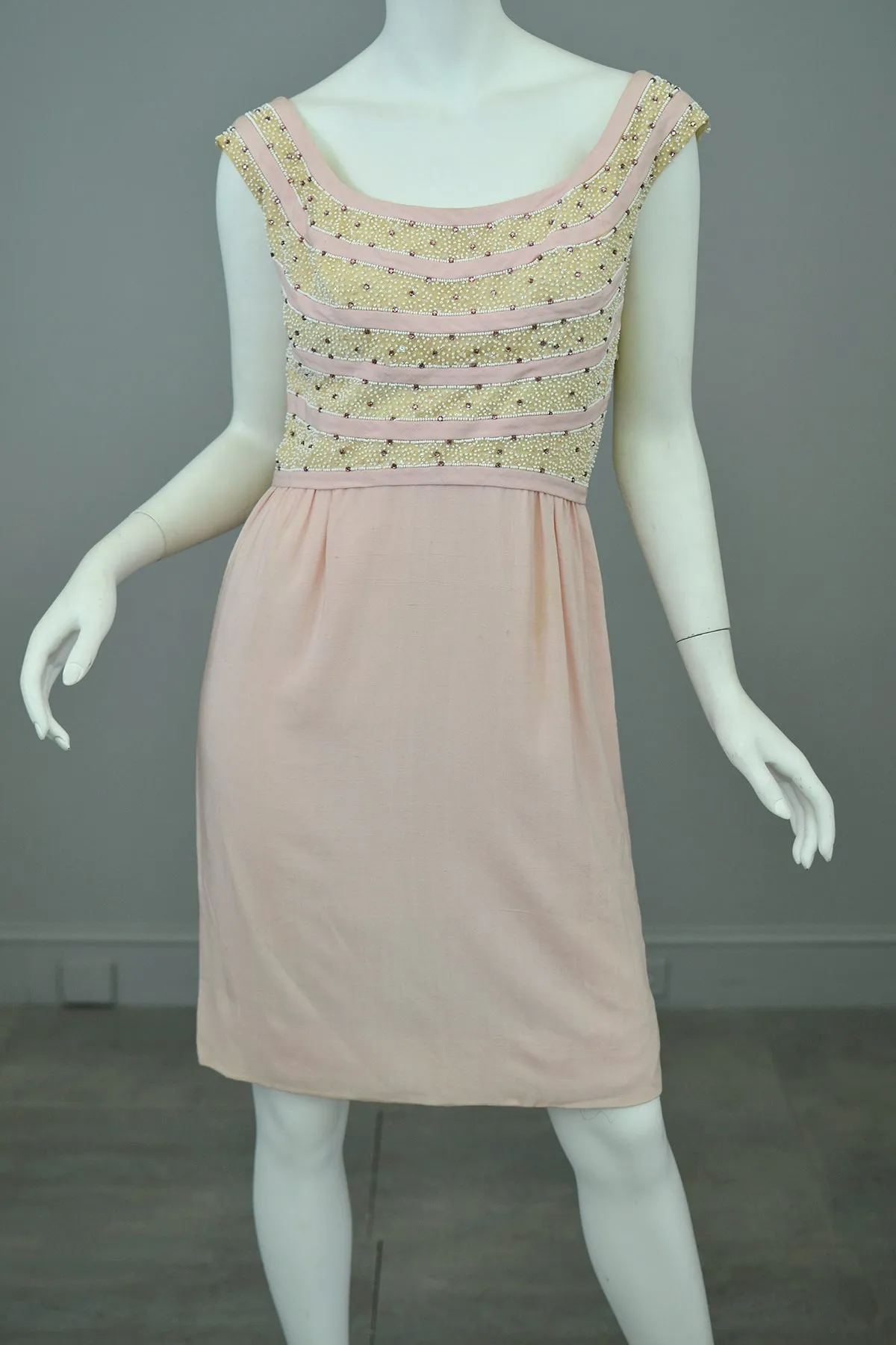 1960s Pale Pink Beaded Short Cocktail Dress