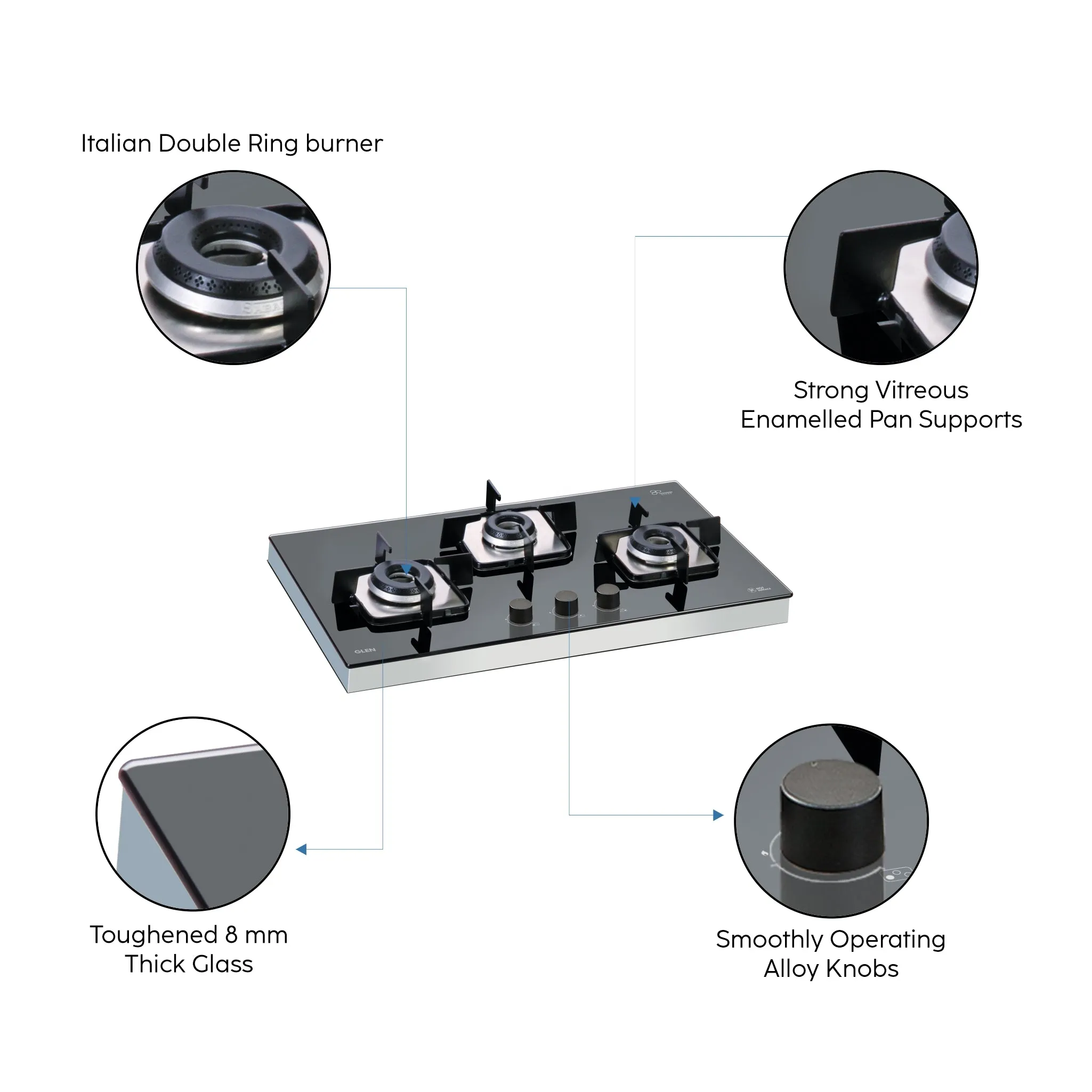 3 Burner Glass Hob Top SS Frame Italian Double Ring Burner Auto Ignition (1073 SQF IN)