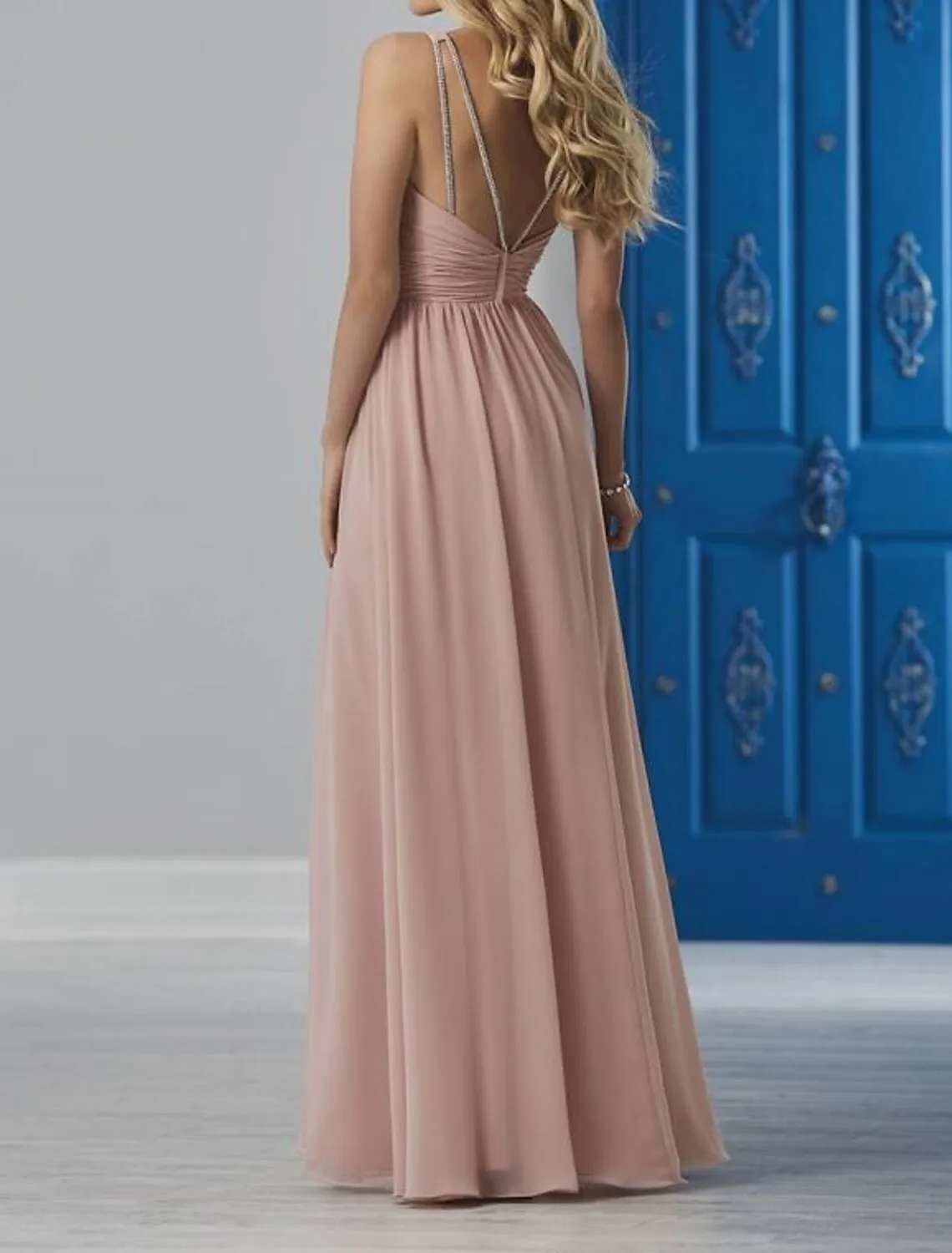 A-Line Bridesmaid Dress V Neck Sleeveless Pink Floor Length Chiffon / Shantung / Imitated Silk with Pleats / Crystals / Draping