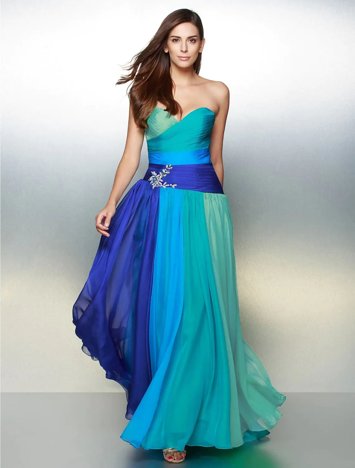 A-Line Color Block Dress Wedding Guest Floor Length Sleeveless Sweetheart Chiffon Backless with Ruched Crystals