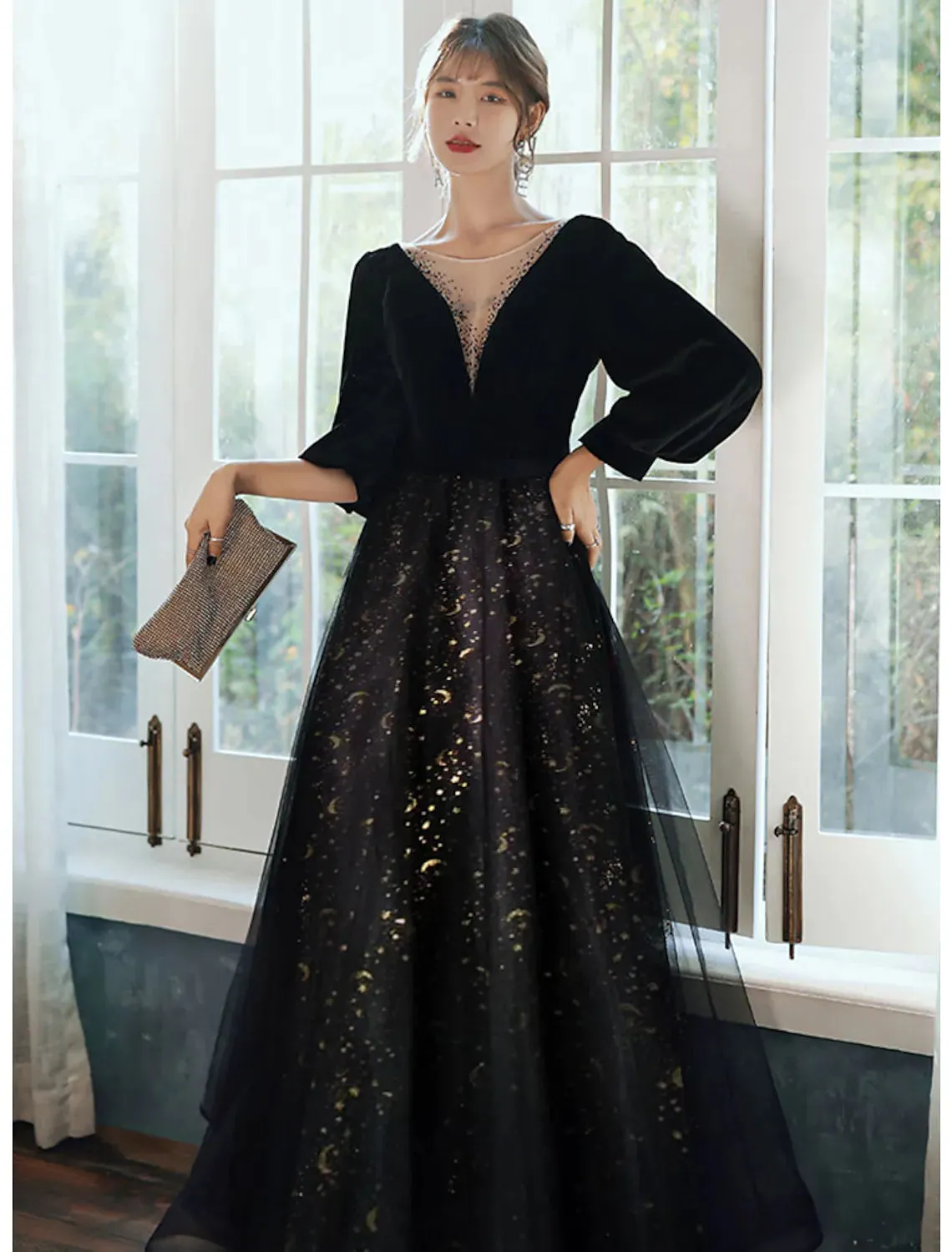 A-Line Evening Gown Dress Wedding Floor Length Long Sleeve V Neck Satin with Crystals Sequin