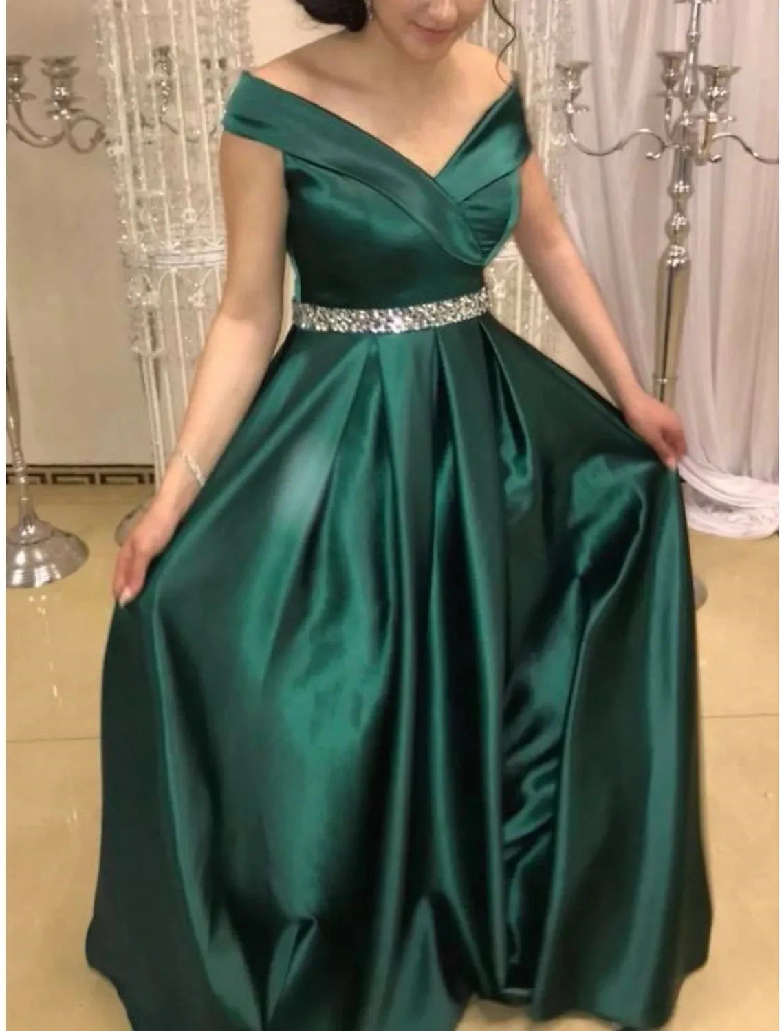 A-Line Evening Gown Elegant Dress Formal Sweep / Brush Train Christmas Red Green Dress Sleeveless Off Shoulder Satin with Pleats Crystals