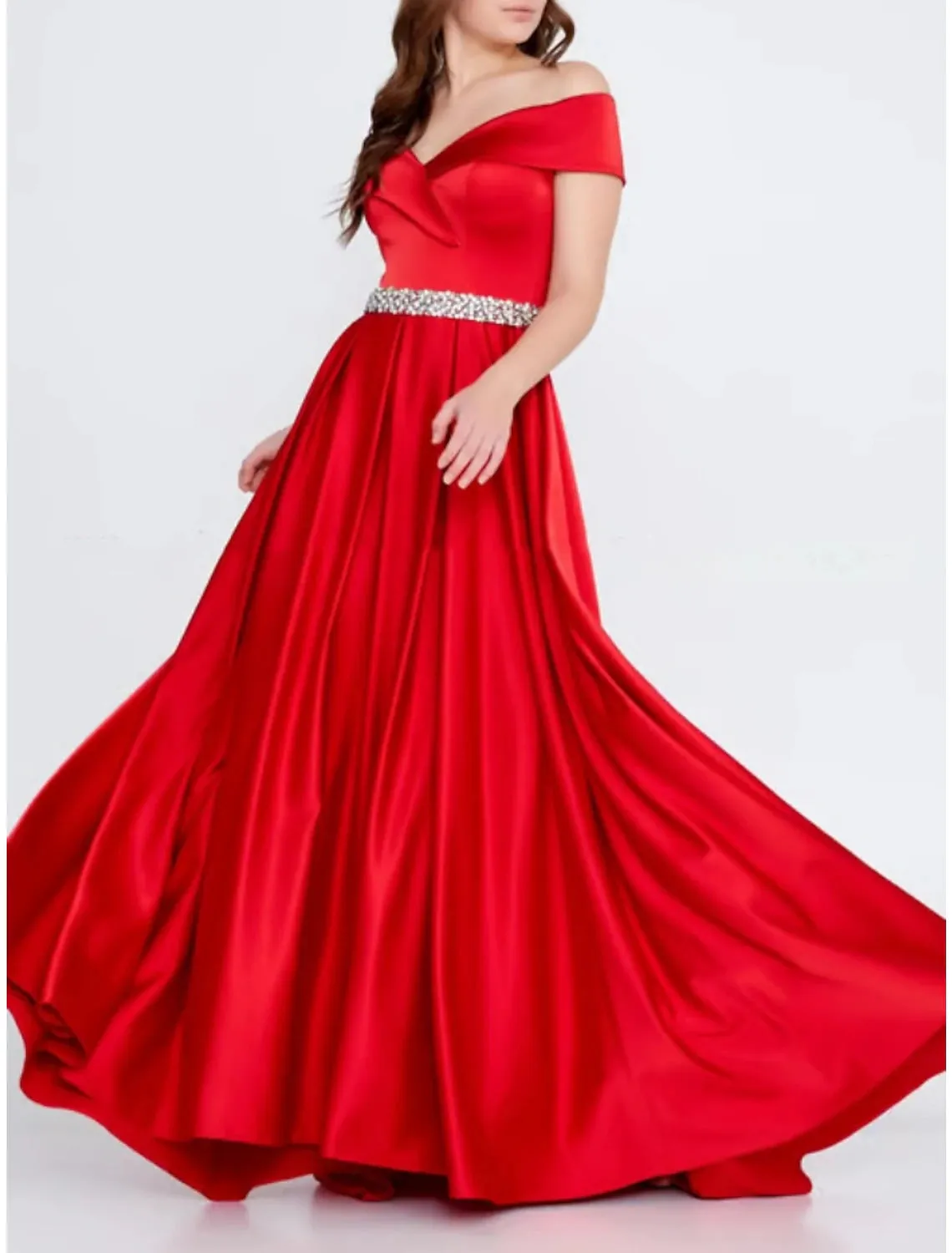 A-Line Evening Gown Elegant Dress Formal Sweep / Brush Train Christmas Red Green Dress Sleeveless Off Shoulder Satin with Pleats Crystals