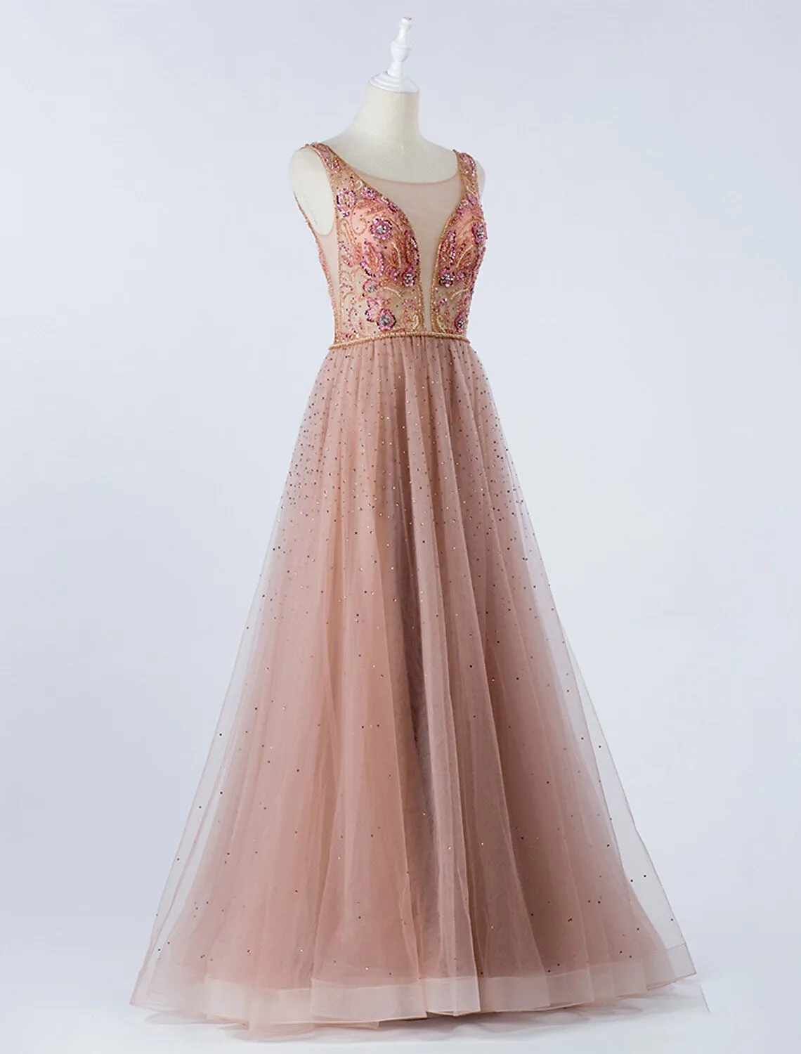 A-Line Luxurious Prom Formal Evening Dress Backless Sleeveless Floor Length Tulle with Crystals Beading