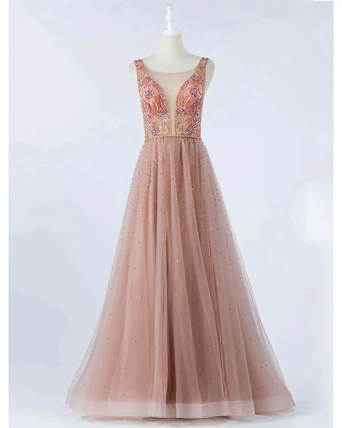 A-Line Luxurious Prom Formal Evening Dress Backless Sleeveless Floor Length Tulle with Crystals Beading