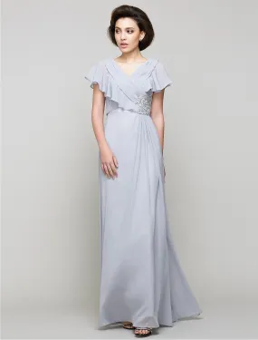 A-Line Mother of the Bride Dress Elegant V Neck Floor Length Chiffon Sleeveless No with Criss Cross Crystals