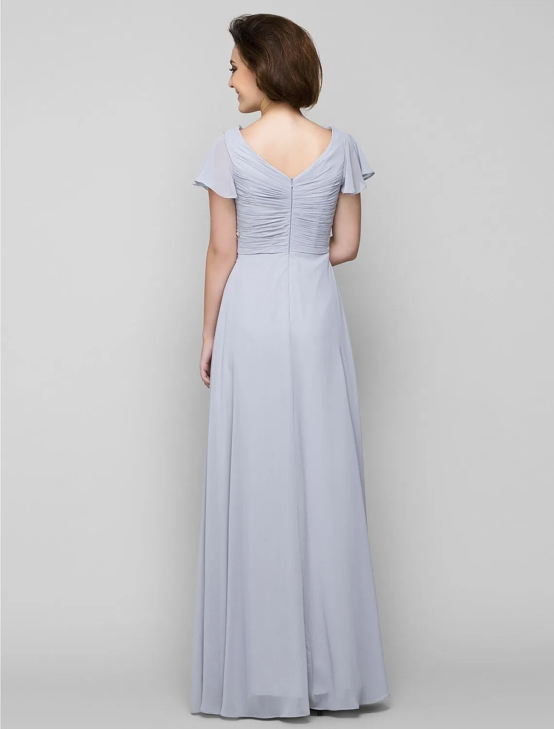 A-Line Mother of the Bride Dress Elegant V Neck Floor Length Chiffon Sleeveless No with Criss Cross Crystals