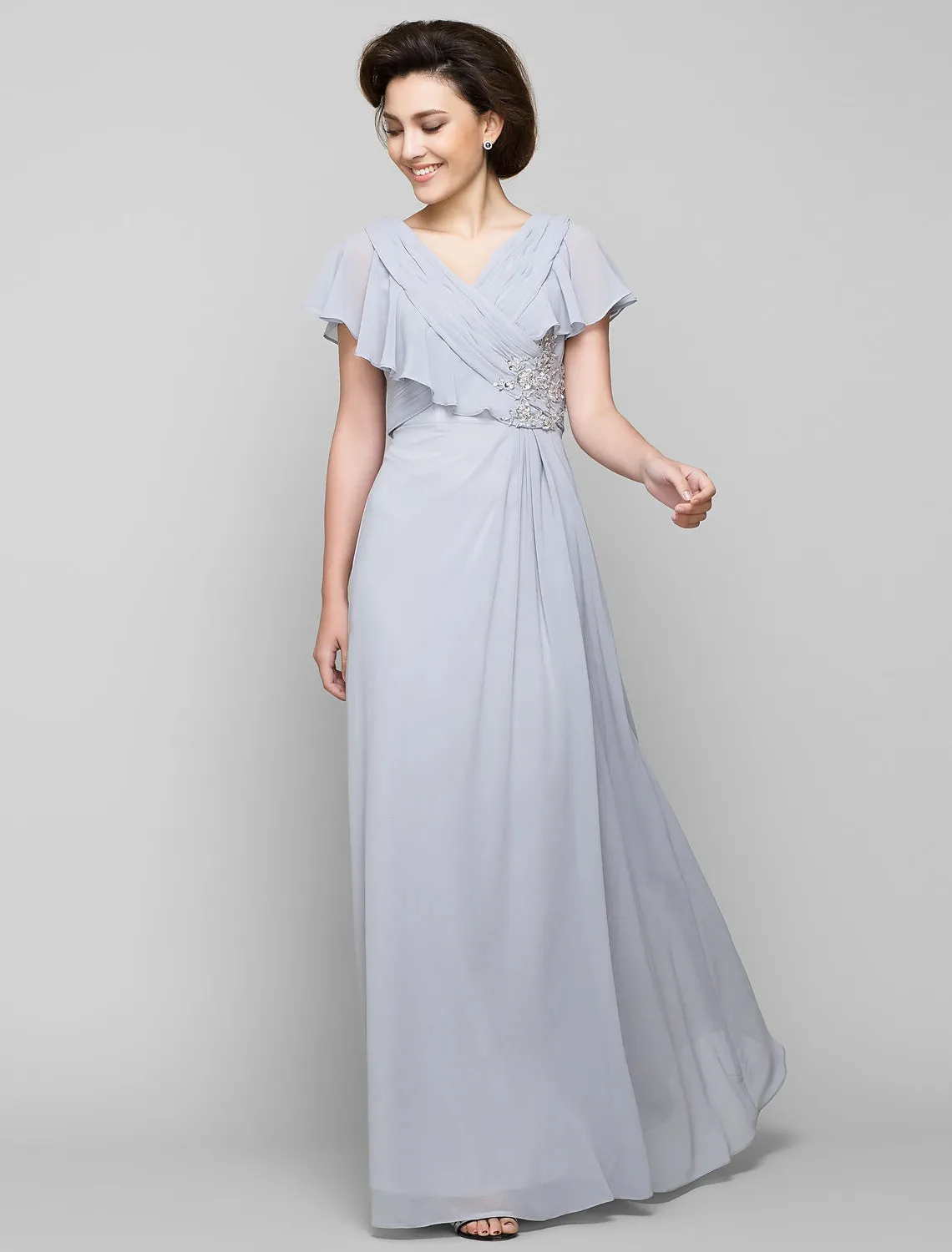 A-Line Mother of the Bride Dress Elegant V Neck Floor Length Chiffon Sleeveless No with Criss Cross Crystals