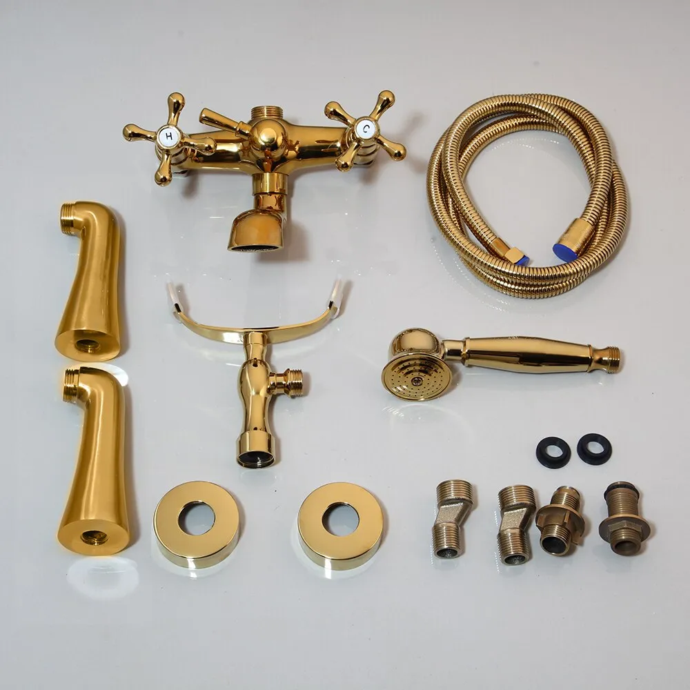 Antique Brass Golden Bathtub Shower Faucets Set Dual Knobs Mixer Tap