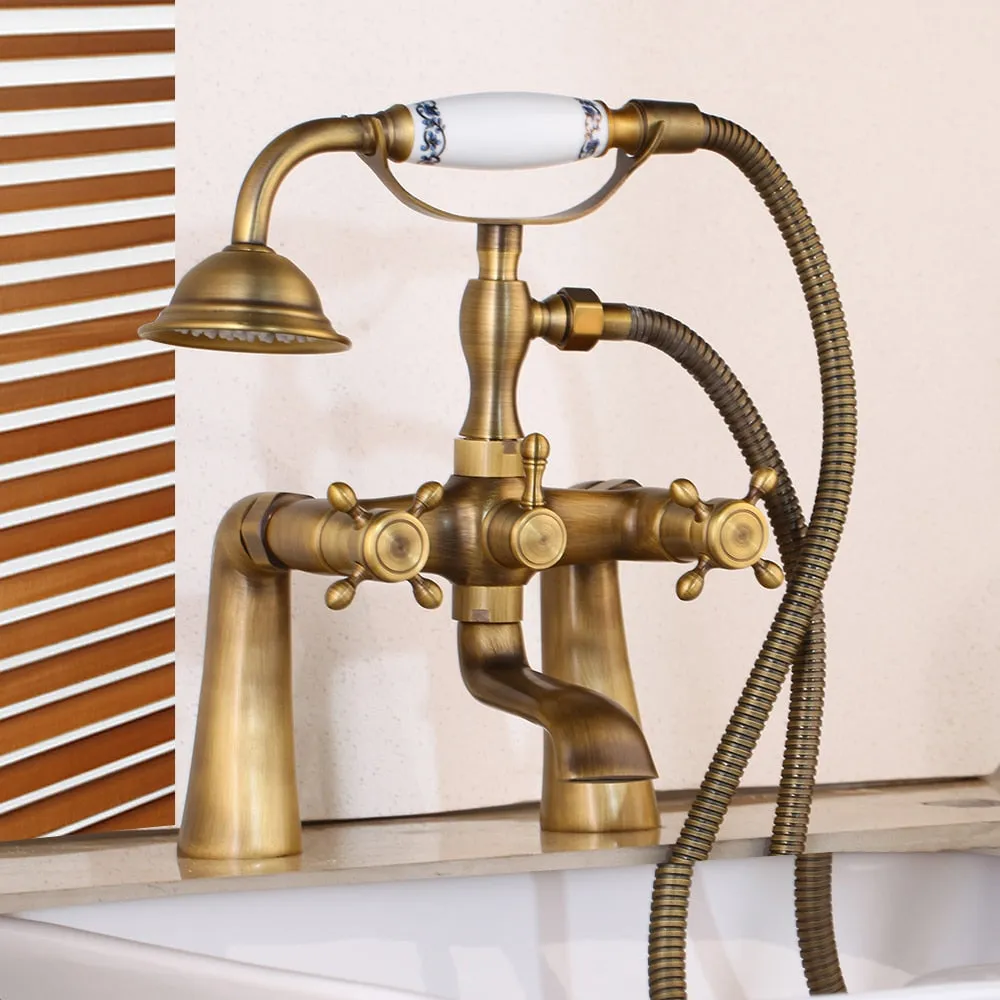 Antique Brass Golden Bathtub Shower Faucets Set Dual Knobs Mixer Tap