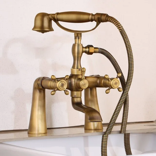 Antique Brass Golden Bathtub Shower Faucets Set Dual Knobs Mixer Tap