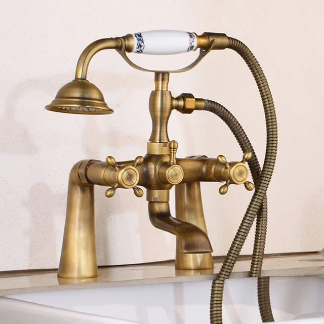 Antique Brass Golden Bathtub Shower Faucets Set Dual Knobs Mixer Tap