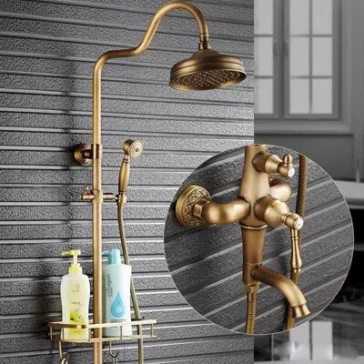 Antique Brass Mixer Valve Shower Set One Handle with Storage Holder