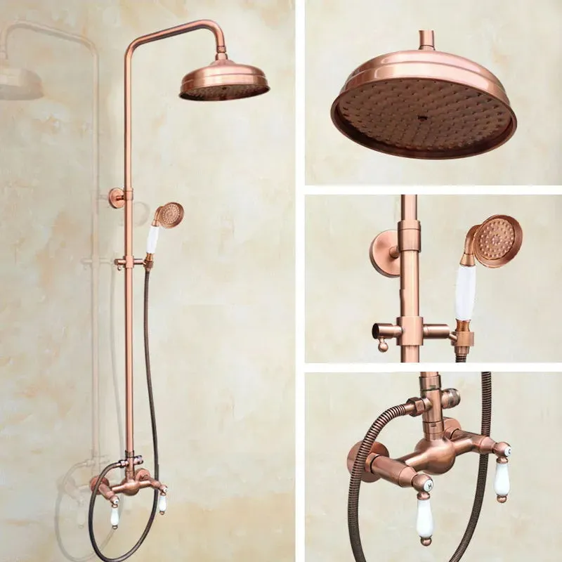 Antique Red Copper Wall Mounted Dual Handles Shower Head Faucet Set