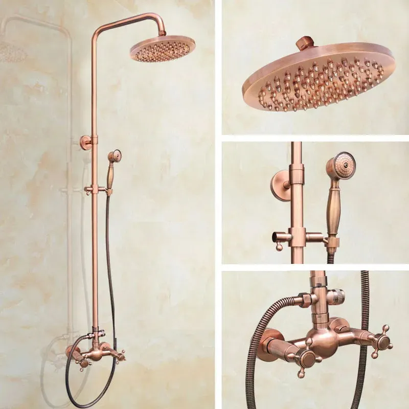 Antique Red Copper Wall Mounted Dual Handles Shower Head Faucet Set