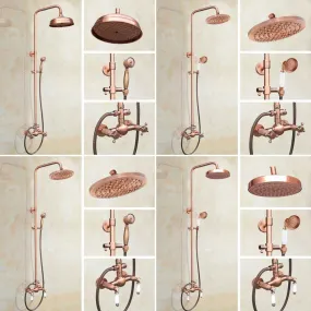 Antique Red Copper Wall Mounted Dual Handles Shower Head Faucet Set