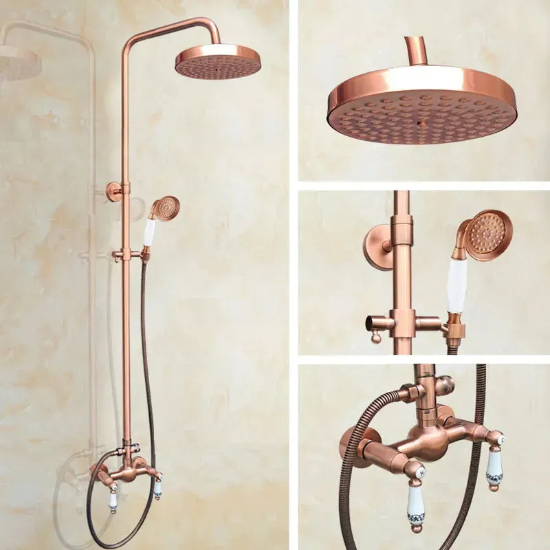 Antique Red Copper Wall Mounted Dual Handles Shower Head Faucet Set