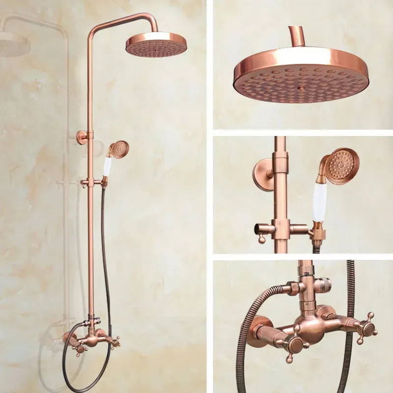 Antique Red Copper Wall Mounted Dual Handles Shower Head Faucet Set