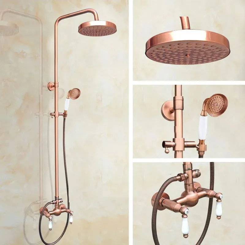 Antique Red Copper Wall Mounted Dual Handles Shower Head Faucet Set