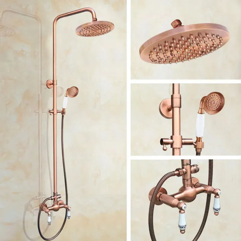 Antique Red Copper Wall Mounted Dual Handles Shower Head Faucet Set