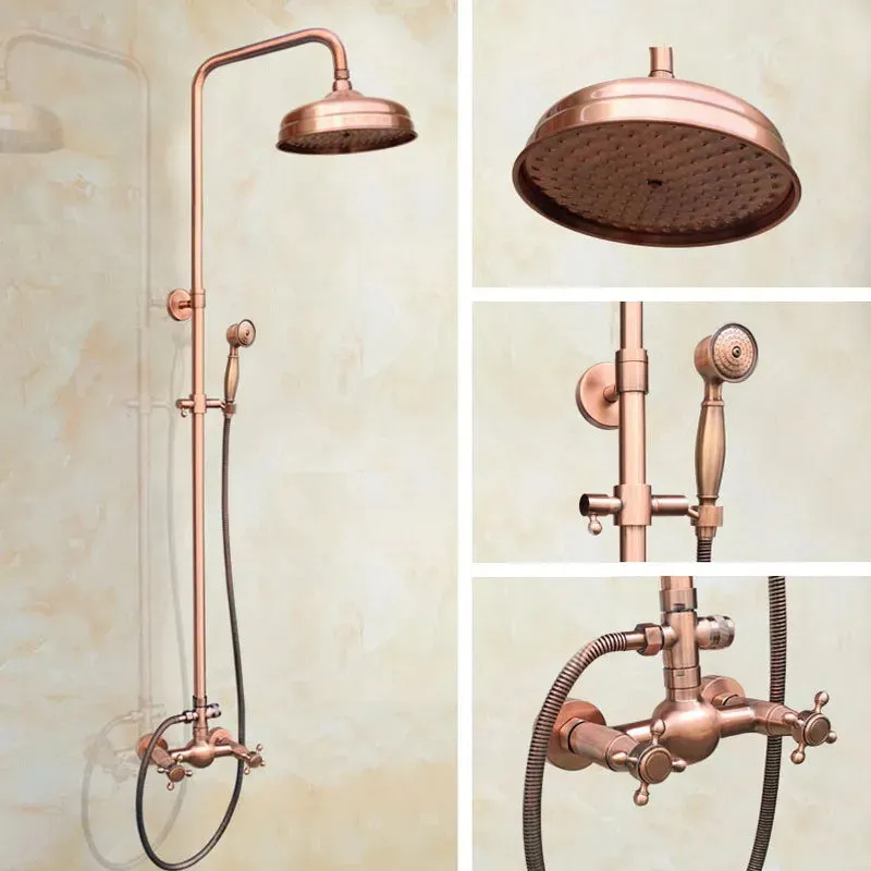 Antique Red Copper Wall Mounted Dual Handles Shower Head Faucet Set