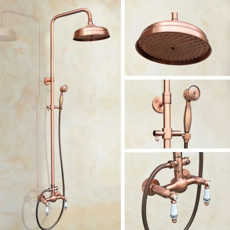 Antique Red Copper Wall Mounted Dual Handles Shower Head Faucet Set