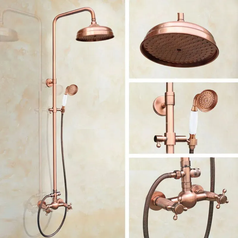 Antique Red Copper Wall Mounted Dual Handles Shower Head Faucet Set