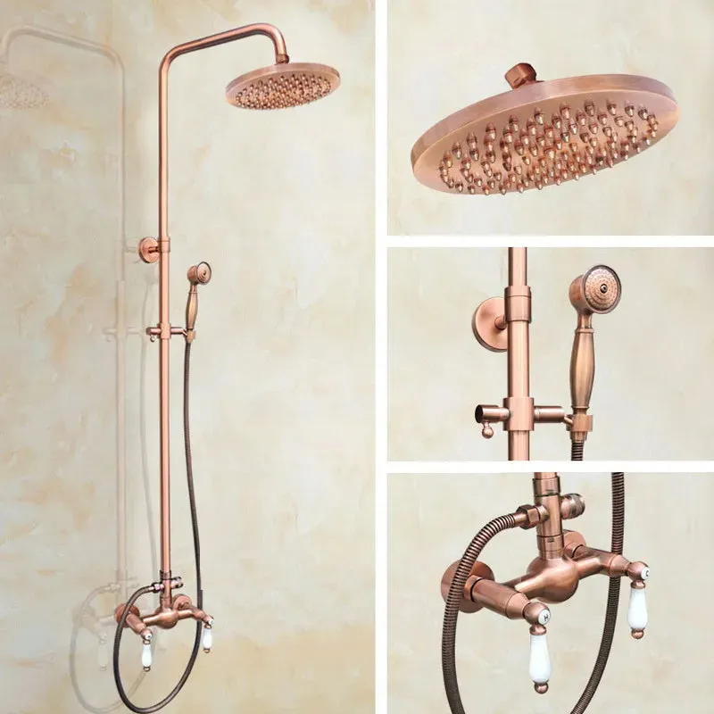 Antique Red Copper Wall Mounted Dual Handles Shower Head Faucet Set