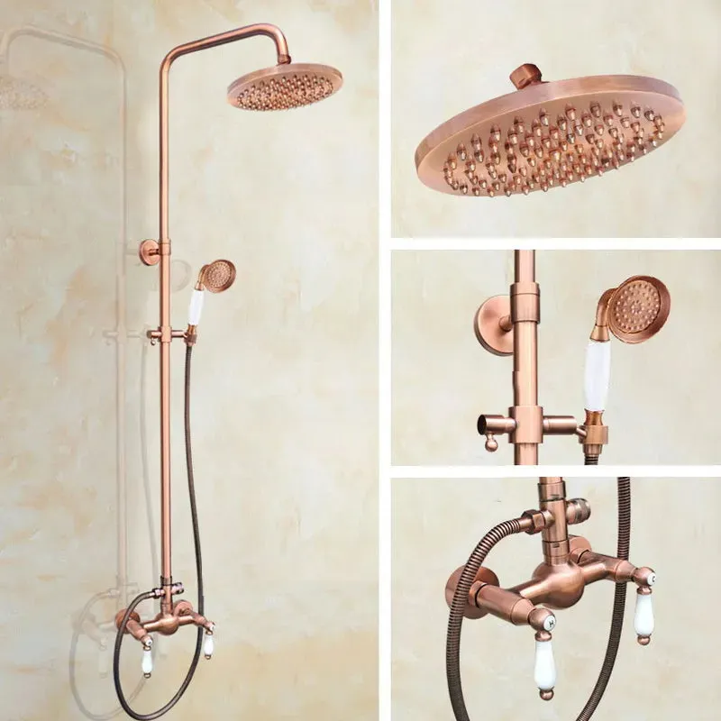 Antique Red Copper Wall Mounted Dual Handles Shower Head Faucet Set