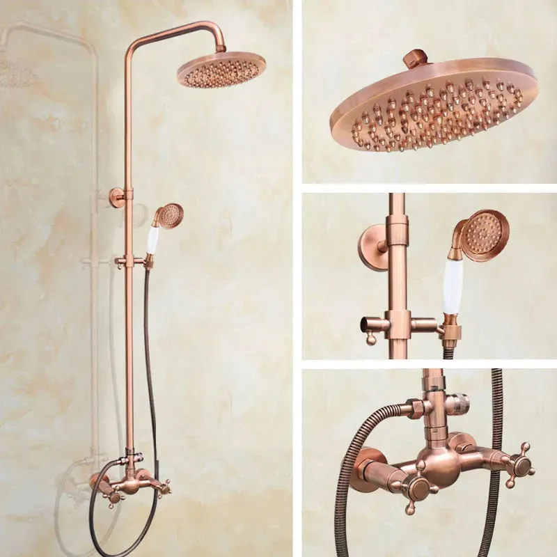 Antique Red Copper Wall Mounted Dual Handles Shower Head Faucet Set