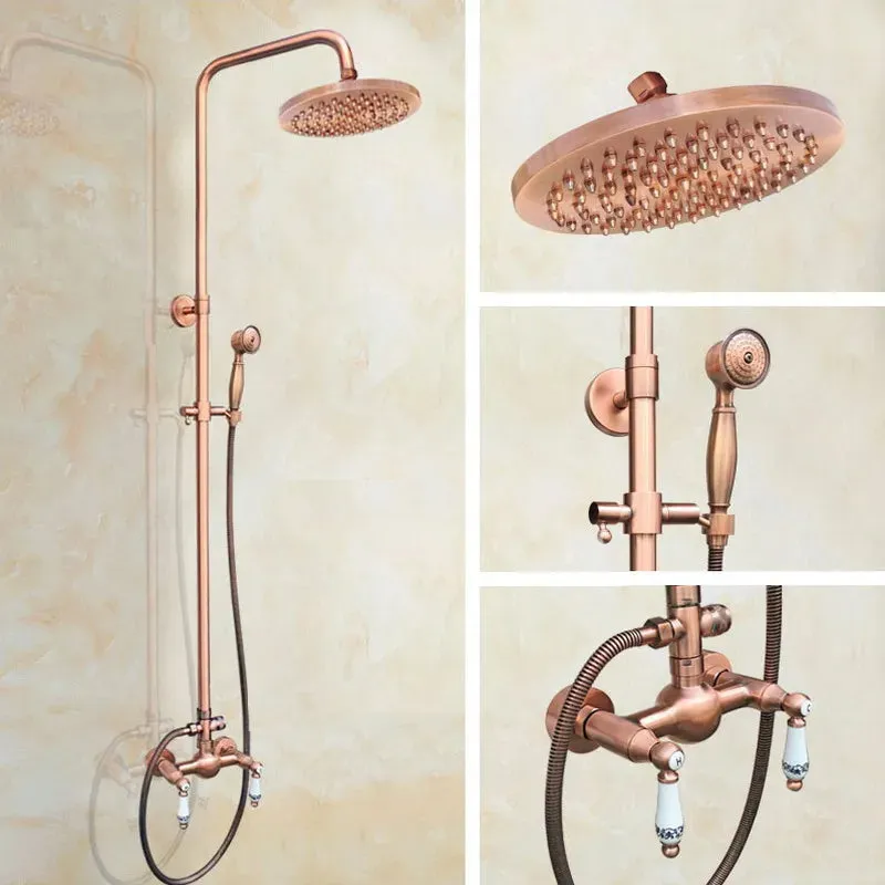 Antique Red Copper Wall Mounted Dual Handles Shower Head Faucet Set