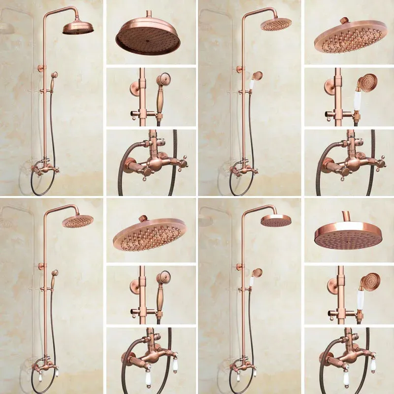 Antique Red Copper Wall Mounted Dual Handles Shower Head Faucet Set