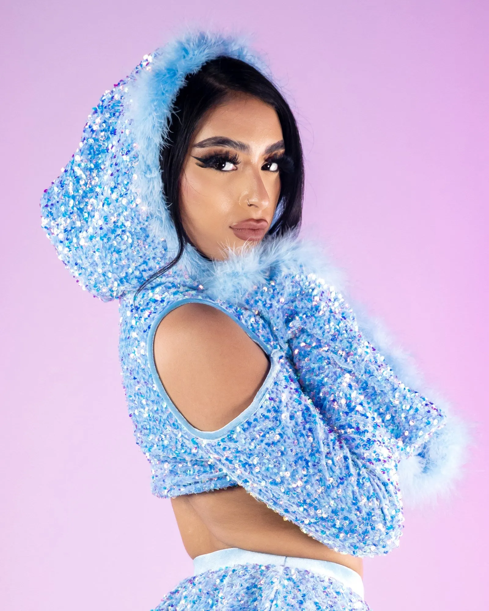 Baby Blue Sequin Fields Cutout Long Sleeve Hooded Crop Top