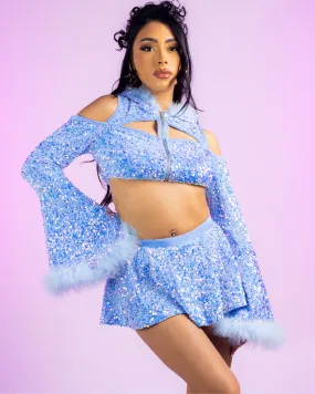 Baby Blue Sequin Fields Cutout Long Sleeve Hooded Crop Top