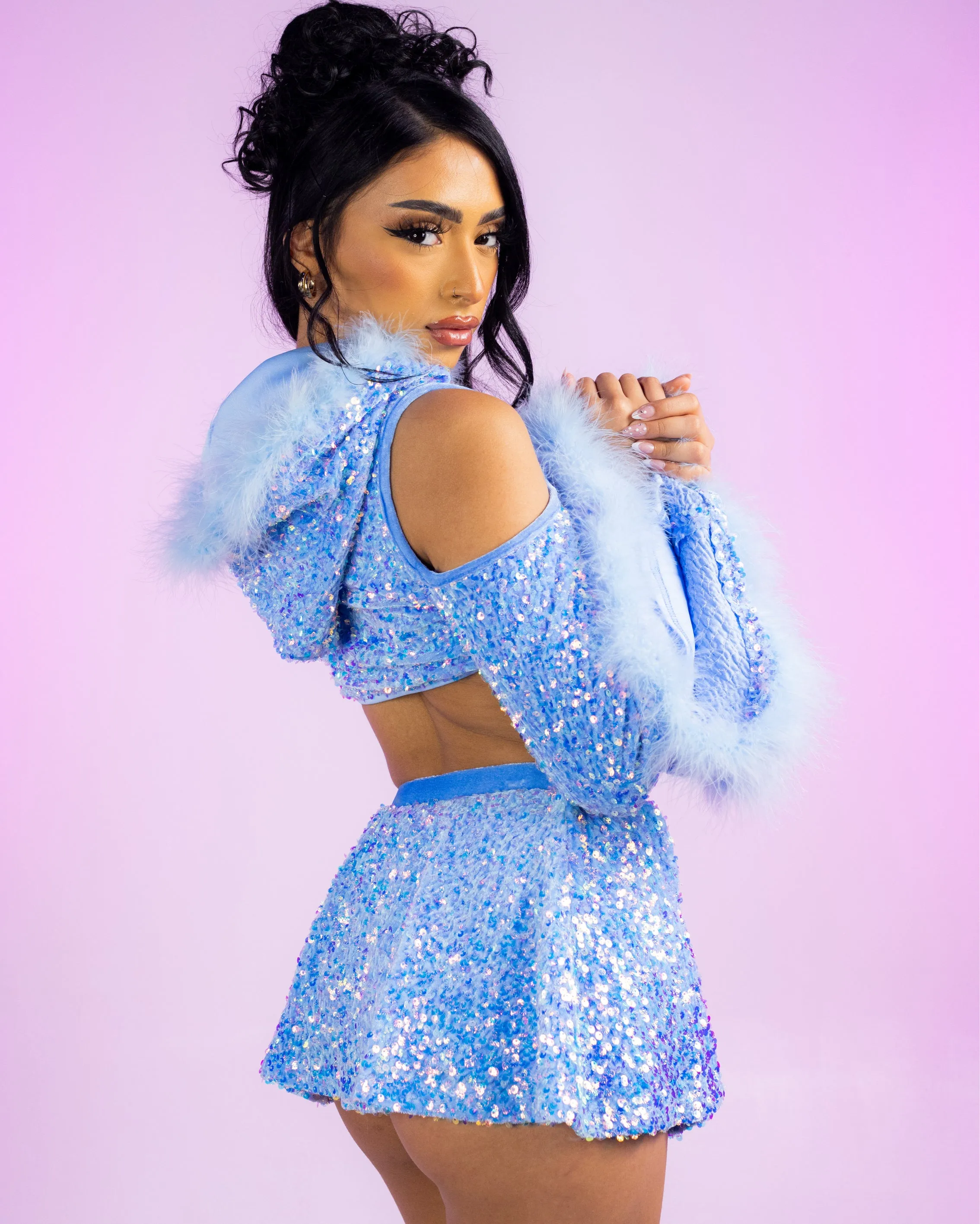 Baby Blue Sequin Fields Cutout Long Sleeve Hooded Crop Top