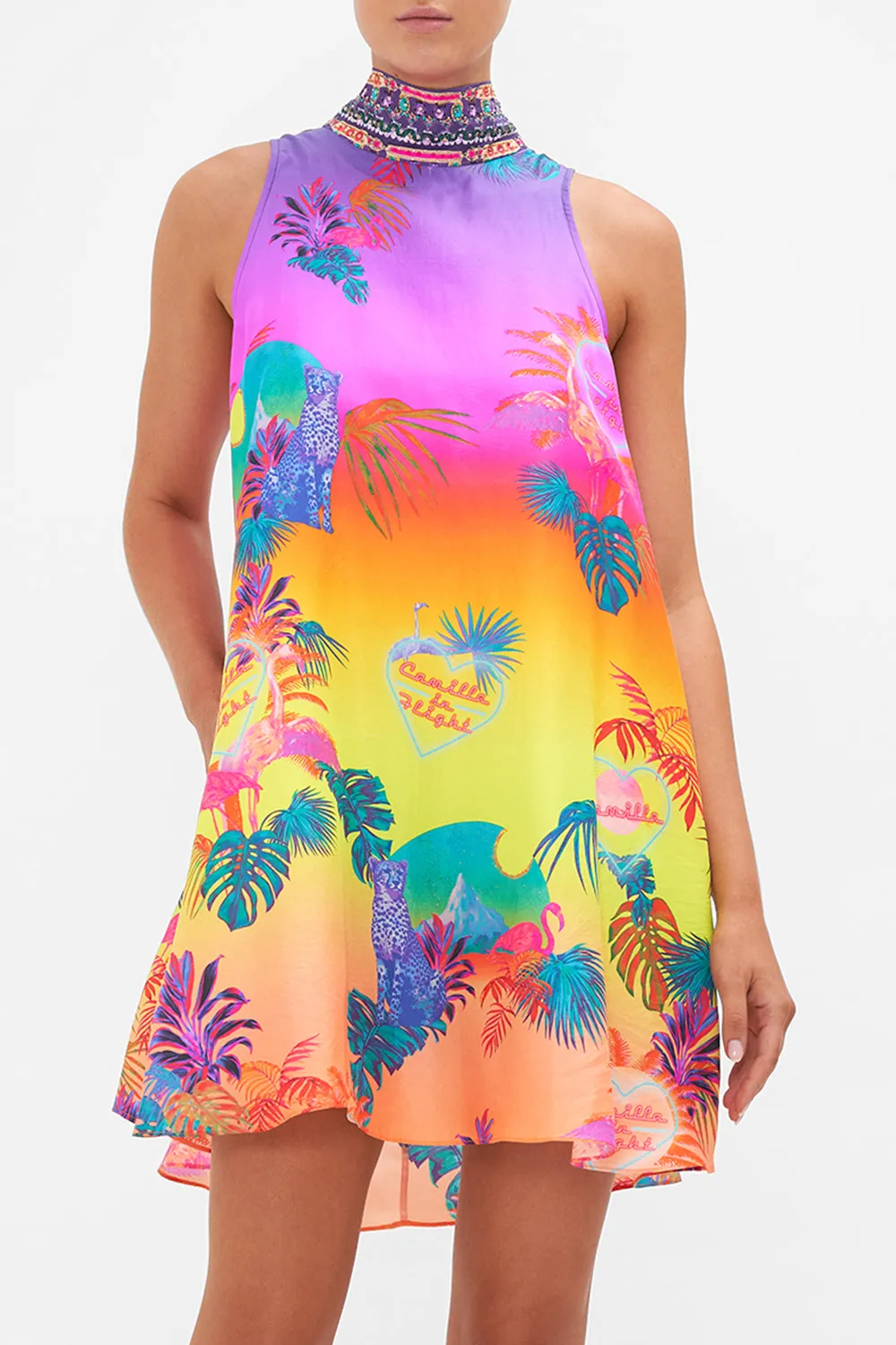 BACK NECK TIE SHORT DRESS FLIGHT OF THE FLAMINGO