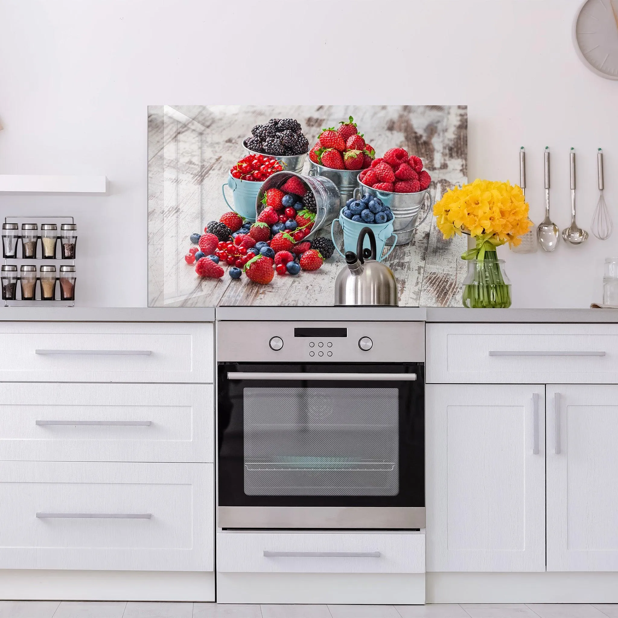 Blue and Red Berries | Glass Printed Backsplash for your Kitchen