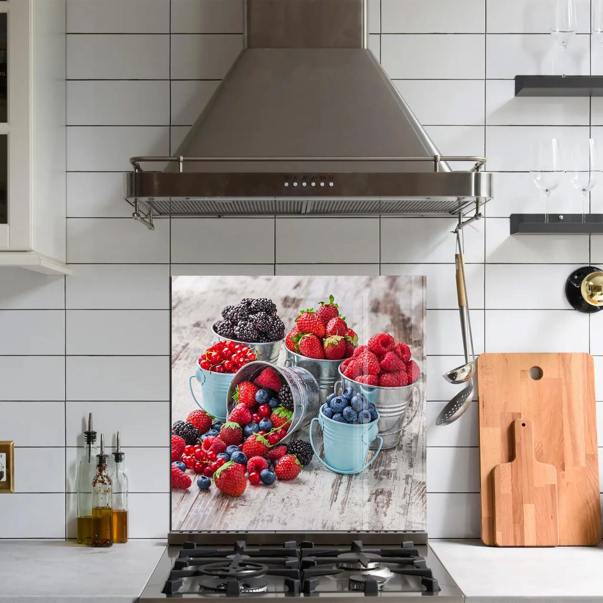 Blue and Red Berries | Glass Printed Backsplash for your Kitchen