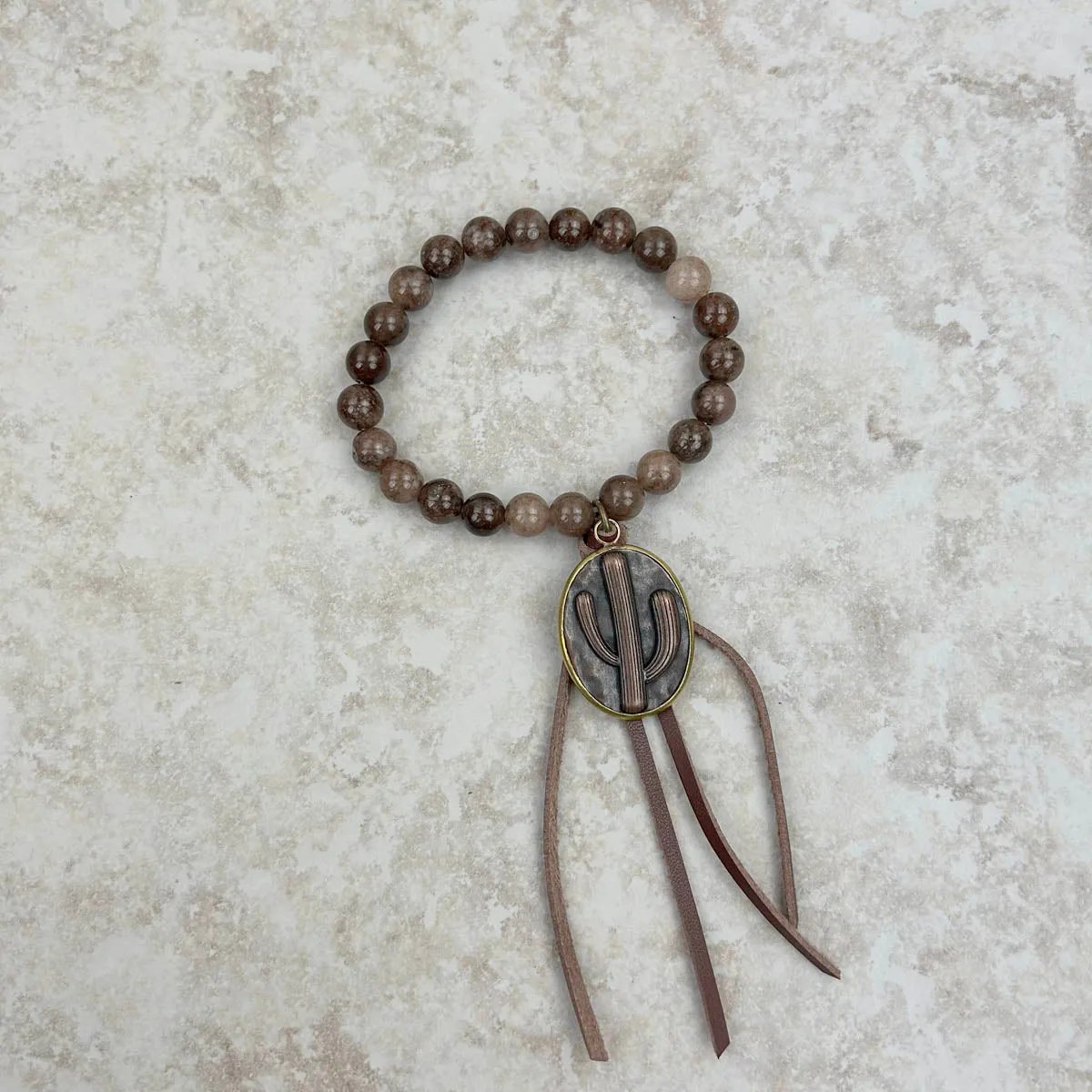 BRS230528-05-06   Jasper Bracelet with Tassel and metal Cactus Pendent