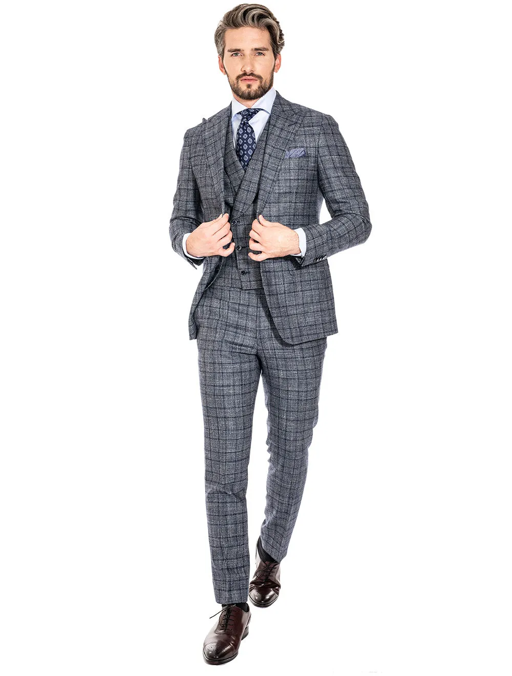 Check Cashmere Suit with Double Breasted Waistcoat Grey