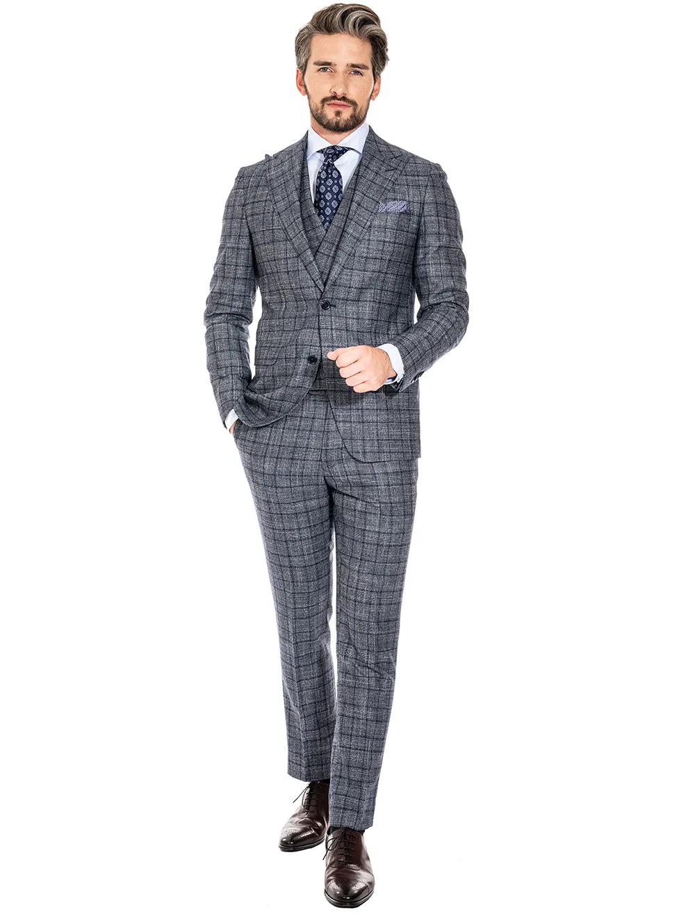 Check Cashmere Suit with Double Breasted Waistcoat Grey