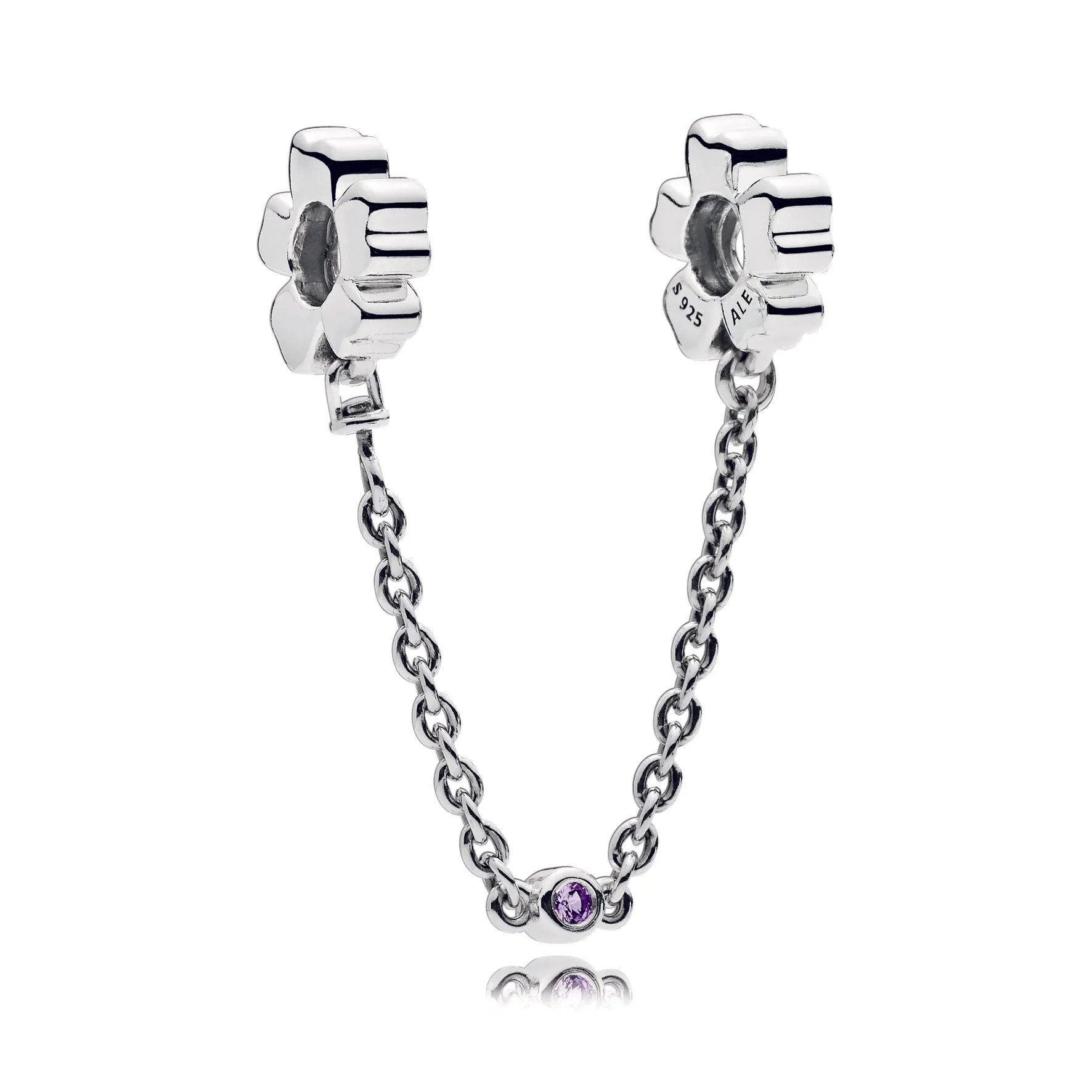 Floral silver safety chain with royal purple crystal