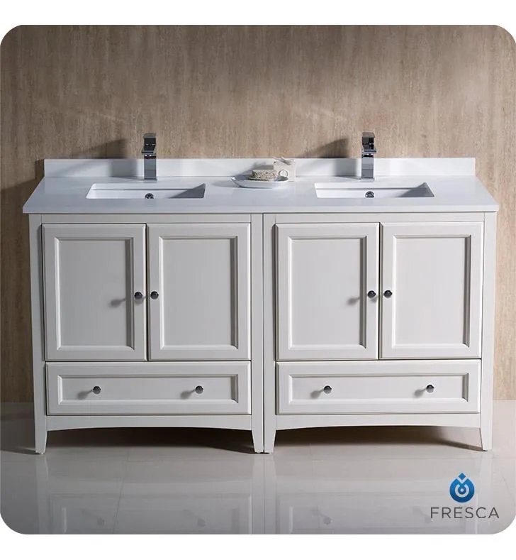 Fresca Oxford 60 Antique White Traditional Double Sink Bathroom Cabinets