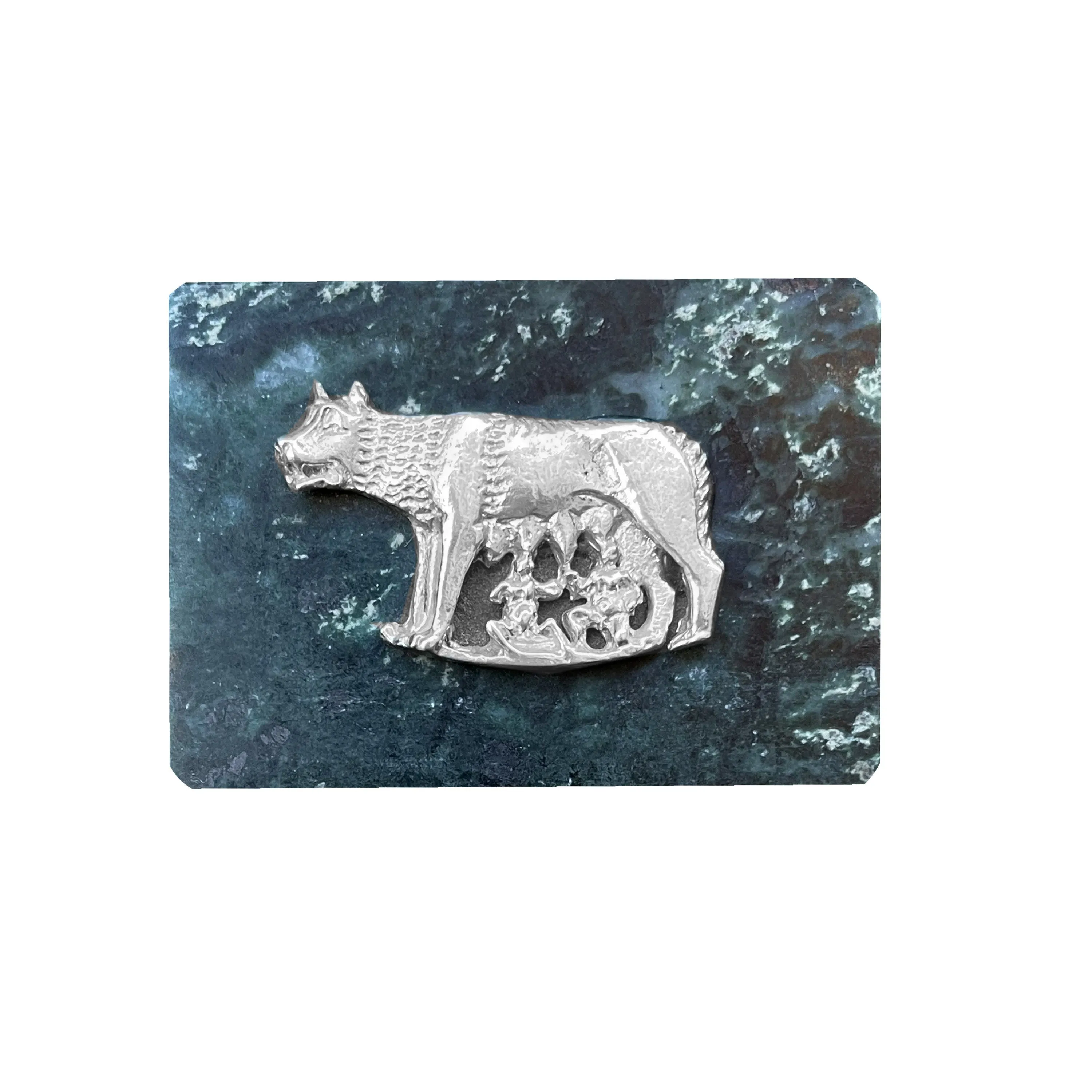 Green Alpi marble paperweight with sterling silver medallion depicting she-wolf and twins