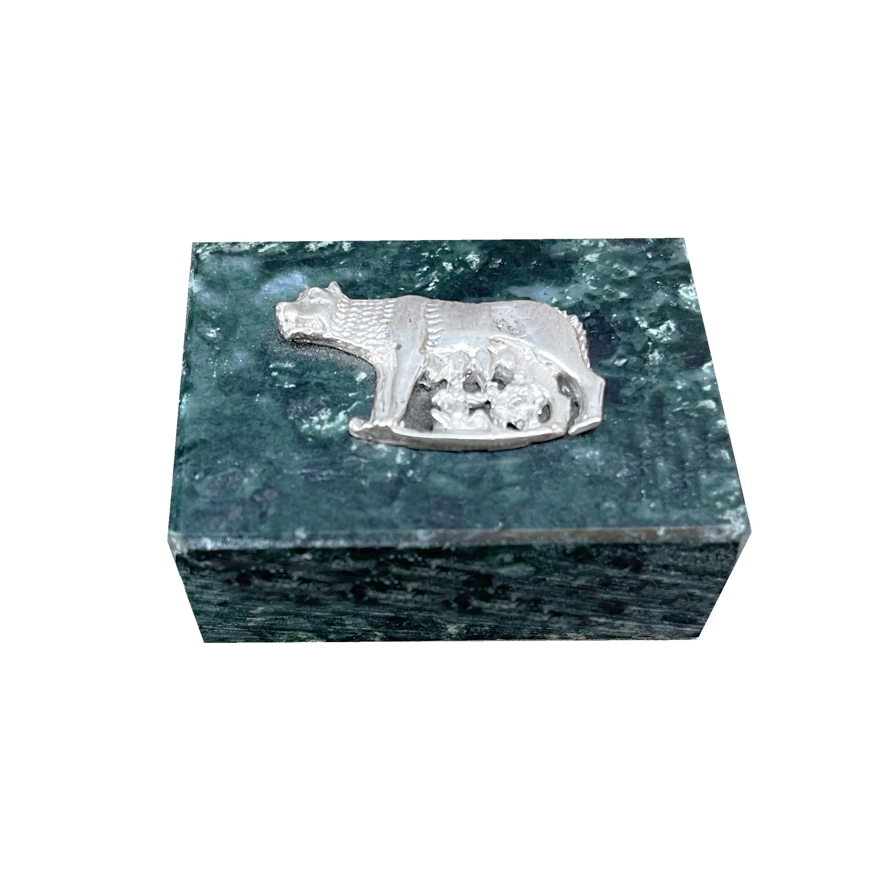 Green Alpi marble paperweight with sterling silver medallion depicting she-wolf and twins