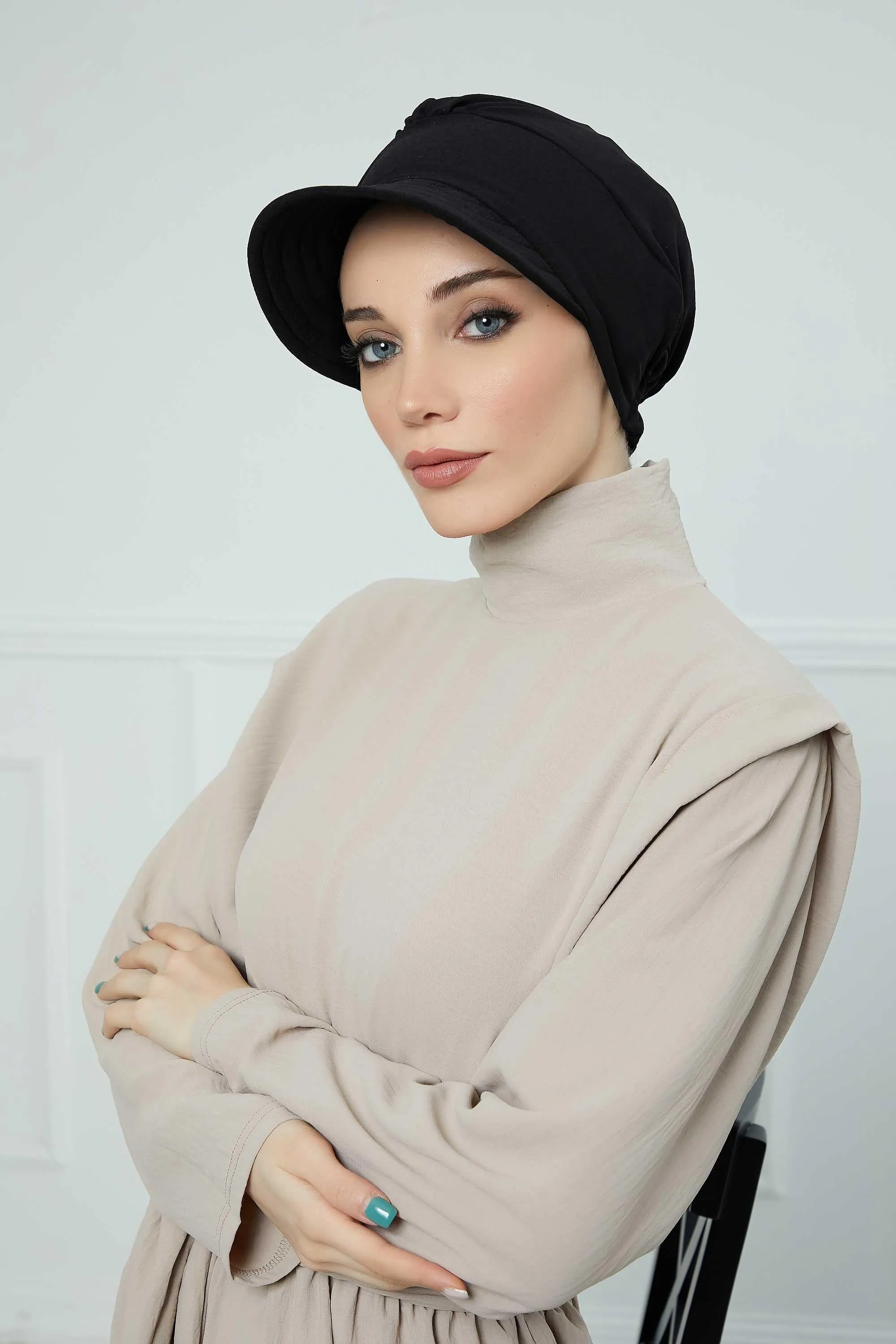 High Quality Newsboy Women Hat, Pre-Tied Turban made from High Quality Wrinkle-Resistant Aerobin Fabric, Visored Instant Turban Cover,B-73A