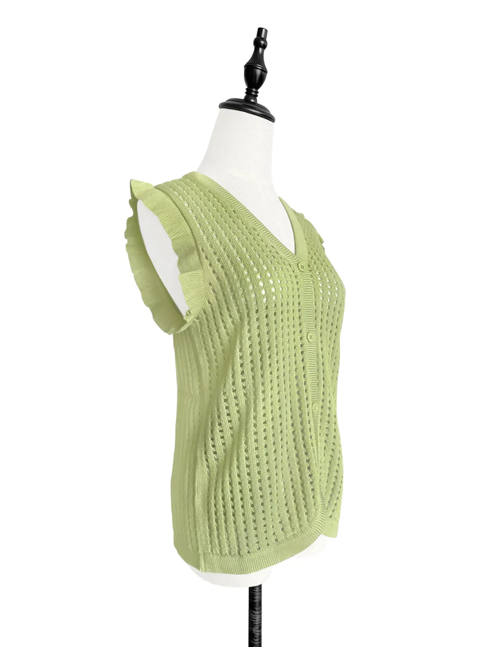 Last Chance! Lime Green Crochet Ruffle Knitted Button Front Cotton Vest